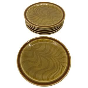 7 Vintage Independence Salad Plates Stoneware Yuma Swirl Mustard Amber Japan 8"